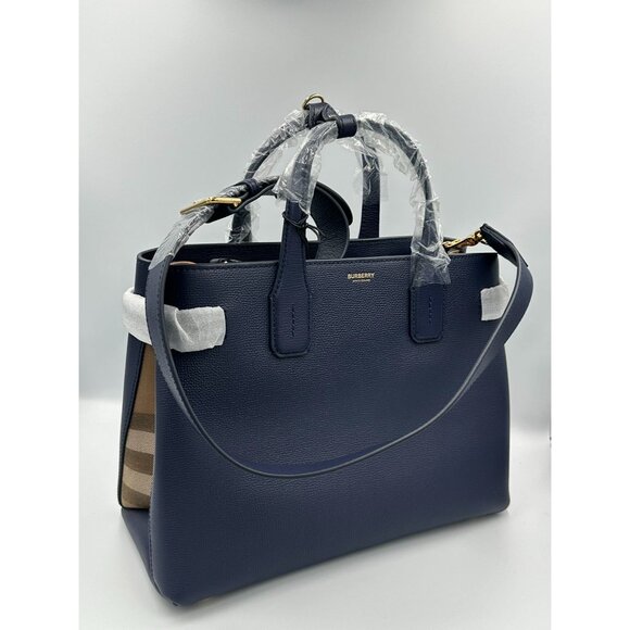 Burberry Medium Banner House Check Derby Leather Tote Shoulder Bag Regency Blue - Picture 2 of 16